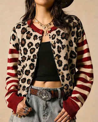 Cardigan Leopardstribe Farveblok Knap