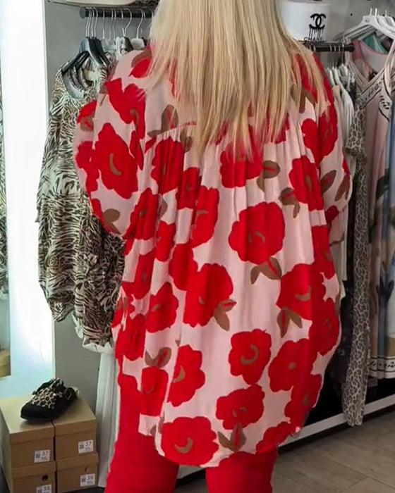 Bluse Stor Blomstret Bindebånd V-Hals