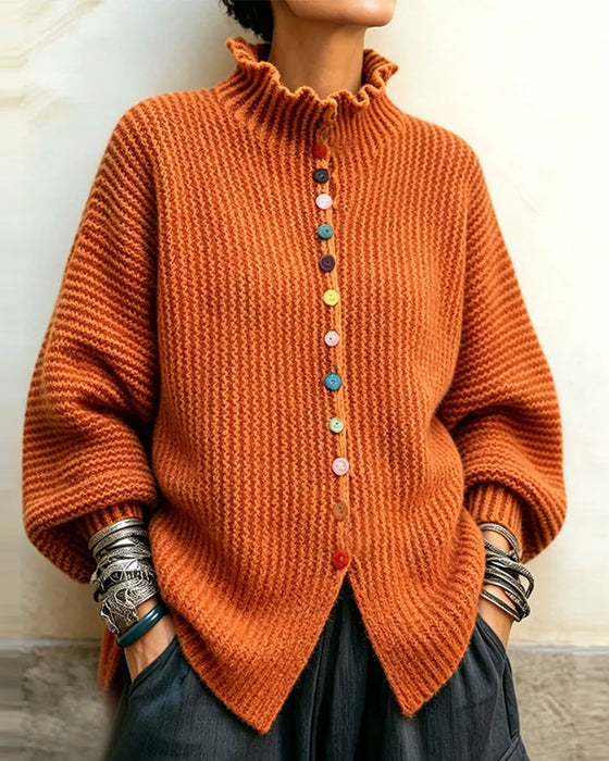 Pullover Farve Knap Ruffle Kant Strikket