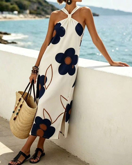 Kjole Kryds Halter Blomstret Slids Maxi