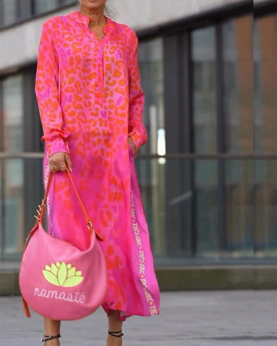 Kjole Langærmet Leopardskriftt Splits