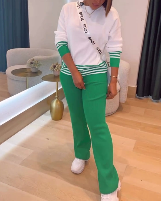 Stribet Kontrast Pullover Bukse Sæt