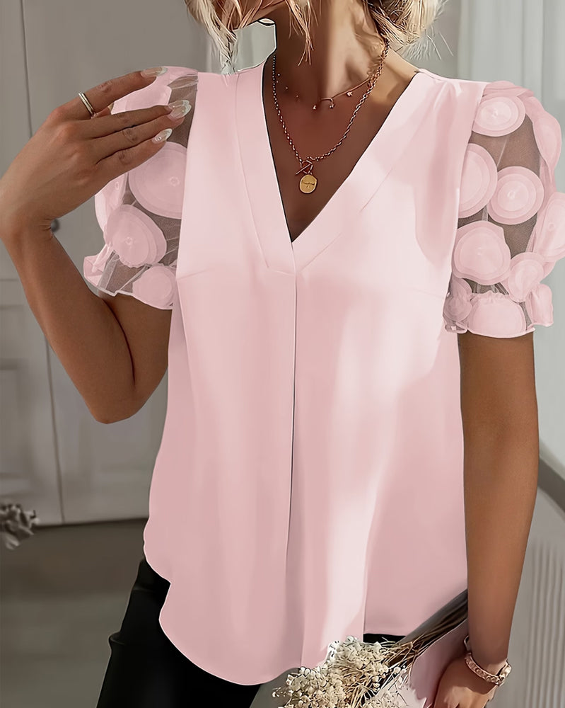 Bluse Puffærme Mesh V-Udskæring