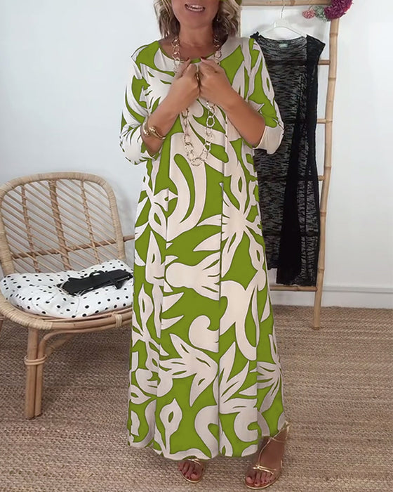 Kjole Med Rund Hals Og Lange Ærmer Med Print