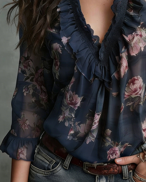 Bluse Blomstret V-Hals Rysjet