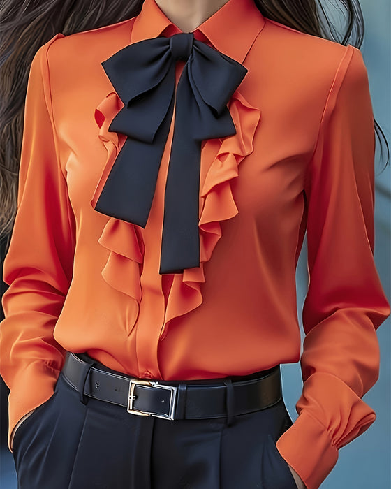 Langærmet Skjorte Med Sløjfe Og Flæser