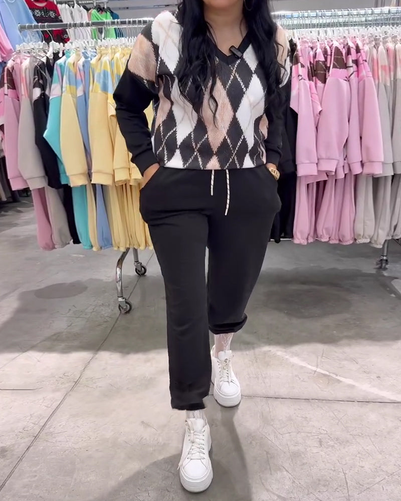 Todelt Sæt Med Rombemønstret Top Og Bukser