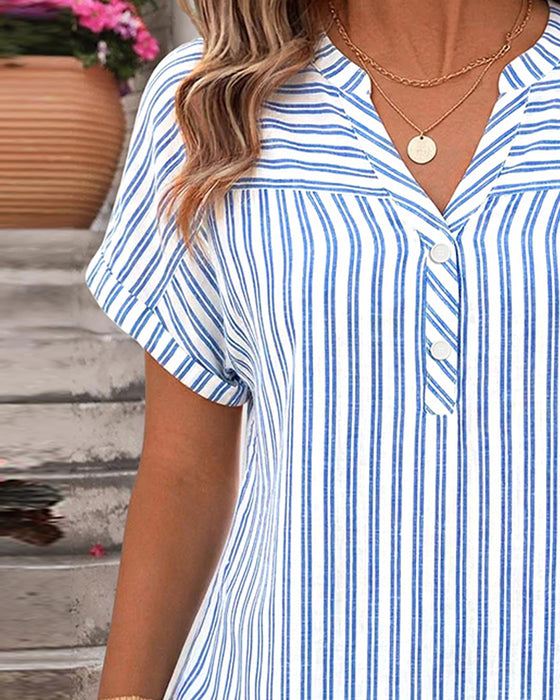 Bluse Stribe V-Hals Knap Patchwork