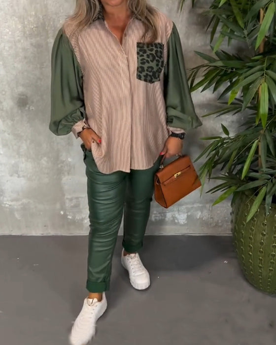 Skjorte med lanterneærmer og leopardprintet brystlomme