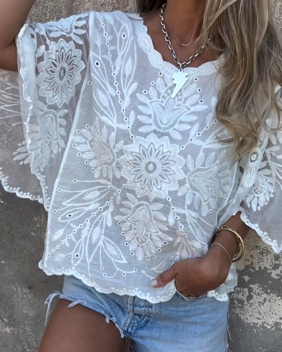 Bluse Sommerfuglsærme Rund Hals Broderet