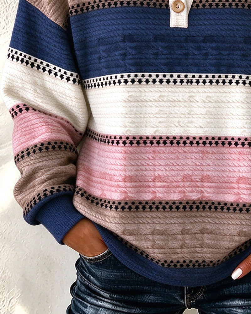 Sweatshirt V-Hals Knap Farveblok Stribet