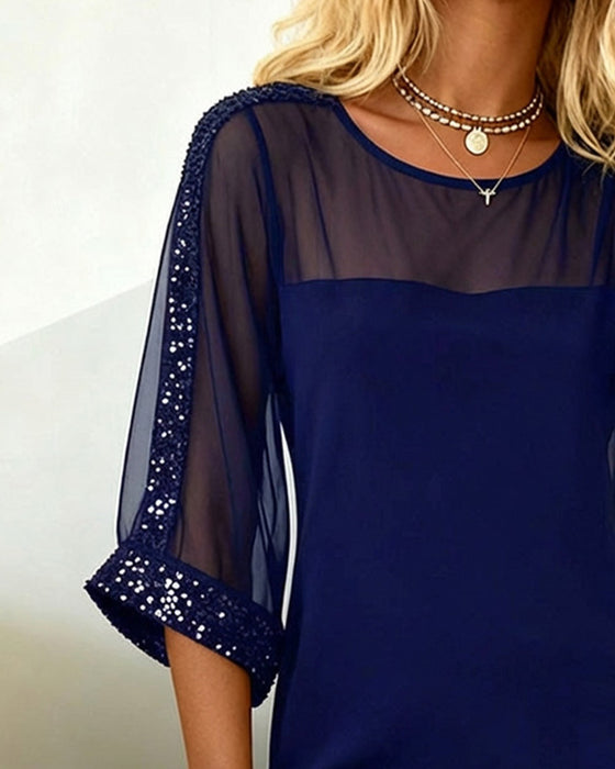 Kjole Glitter Paneleret Mesh Rund Hals