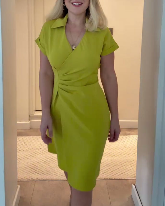 Kjole Lapel Ensfarvet Plisseret Talje