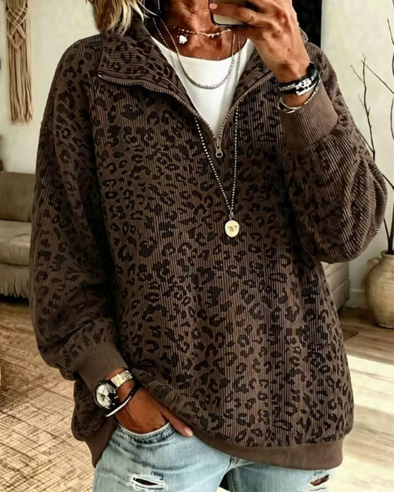 Sweatshirt Halv Lynlås Leopard Pullover