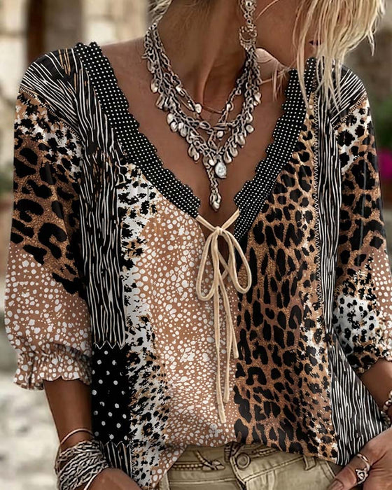 Bluse V-Hals Leopard Prik Bobble Ærme