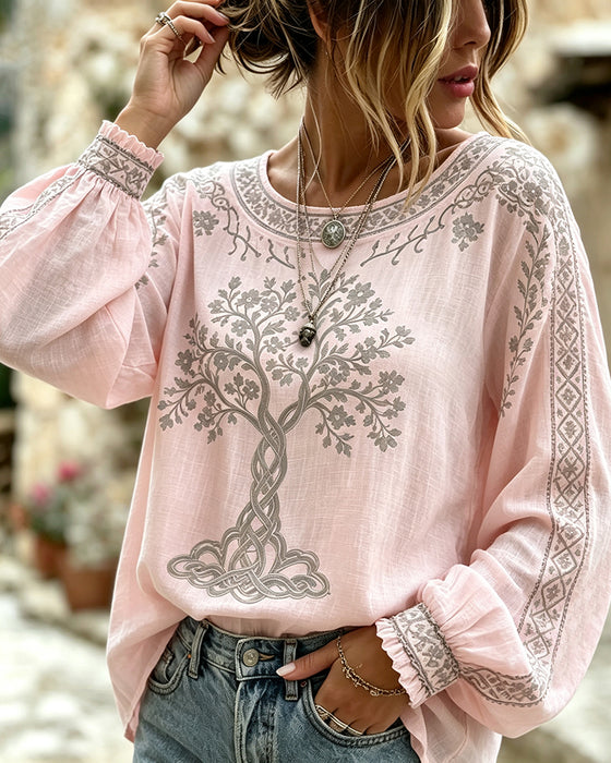 Bluse Rundhalset Træ Tryk Casual