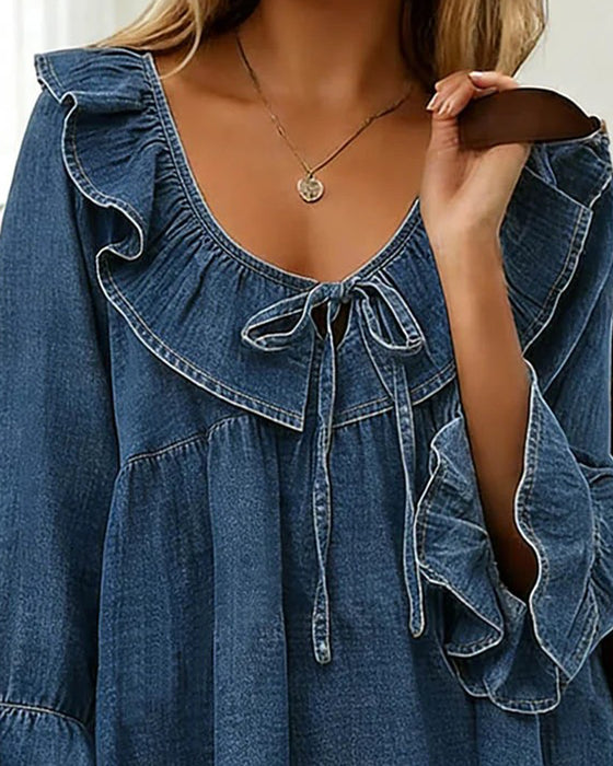 Bluse Flæsebind Denim Rund Hals
