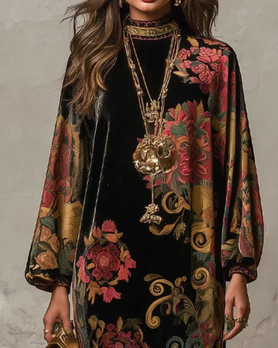 Kjole Mock-Neck Floral Velvet Langærmet Maxi