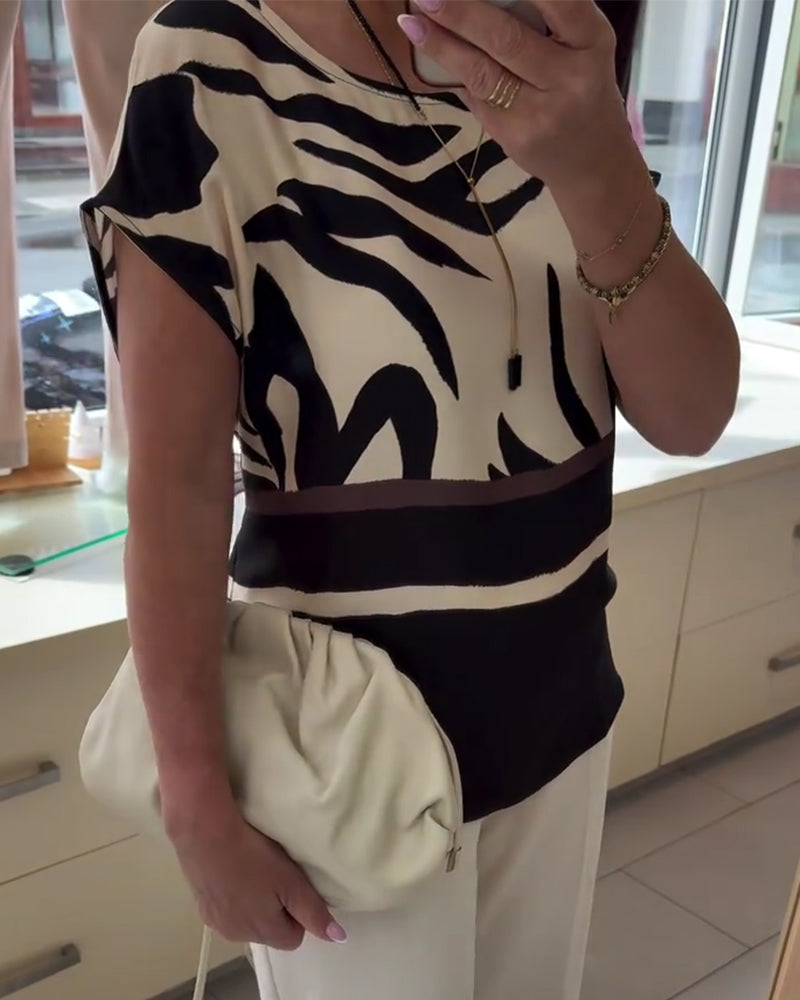 Bluse Rund Hals Geometrisk Patchwork Kort Ærme