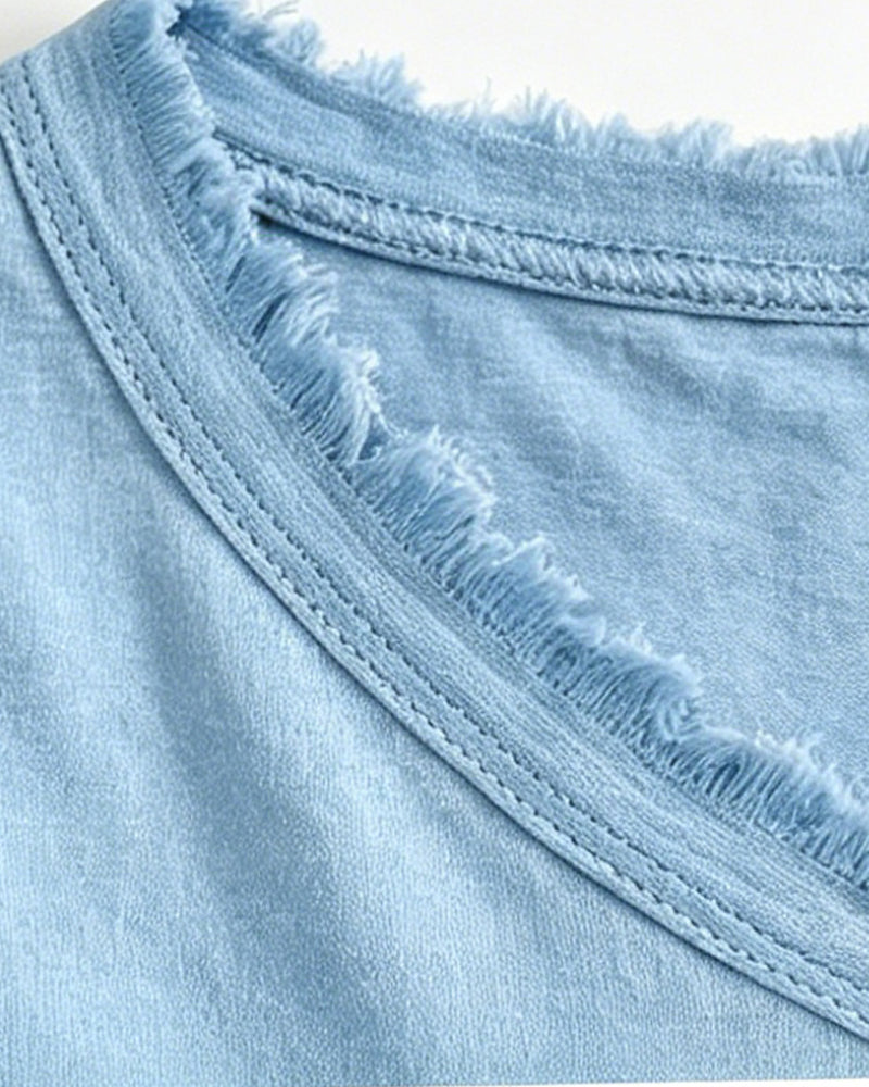 Bluse V-Udskæring Ensfarvet Frynset