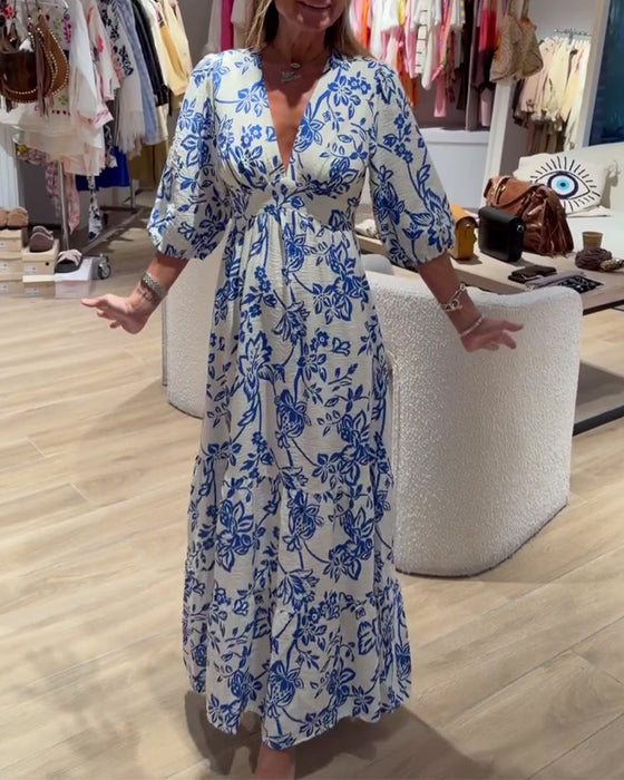 Kjole Dyb V-Hals Elegant Blomstret Lang