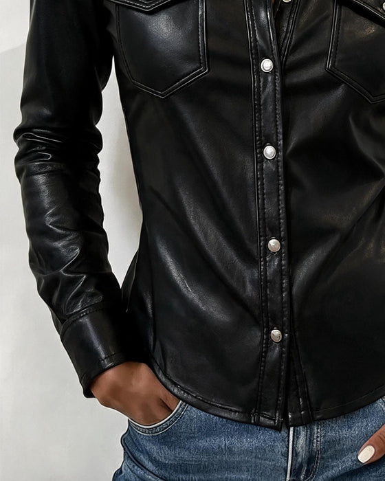 Bluse Revers Knap Foran Lomme Lang Ærme