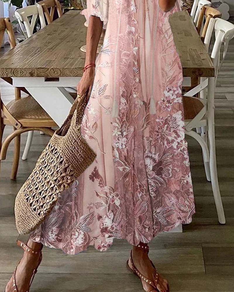 Kjole V-Hals Blomstret Ruffle Fuld Nederdel