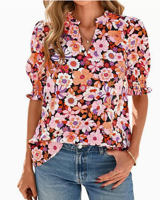 Bluse Blomstret Puf Kort Ærme