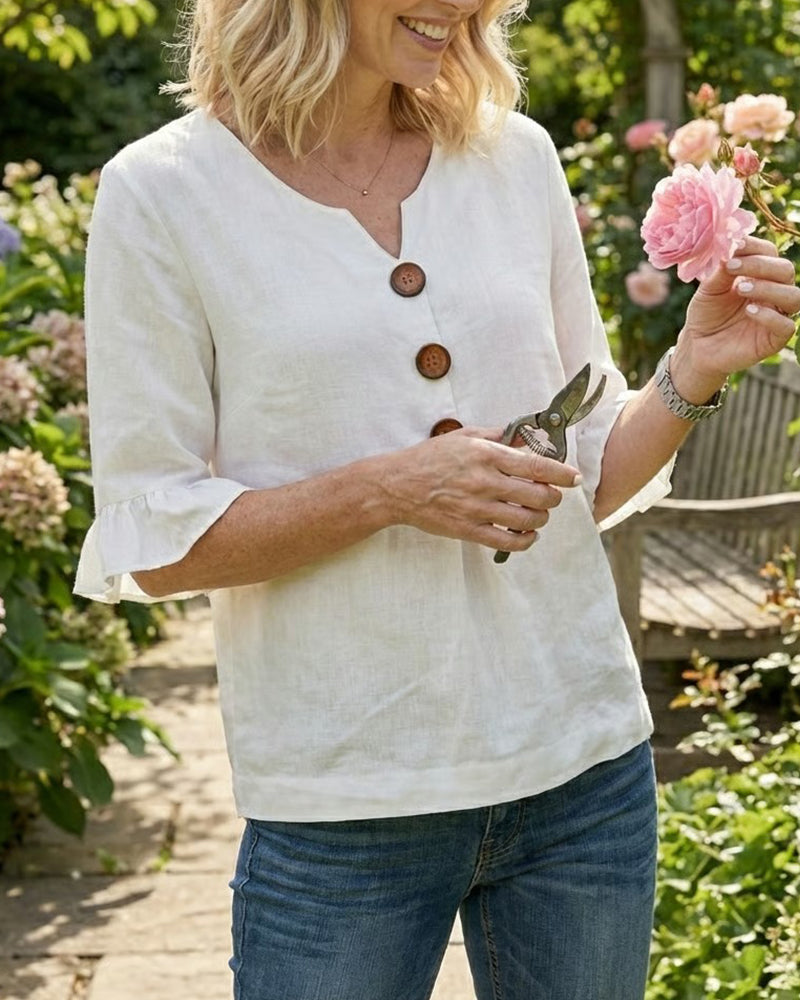 Bluser Ensfarvet Bomuld-Hør Træknapper Rynker