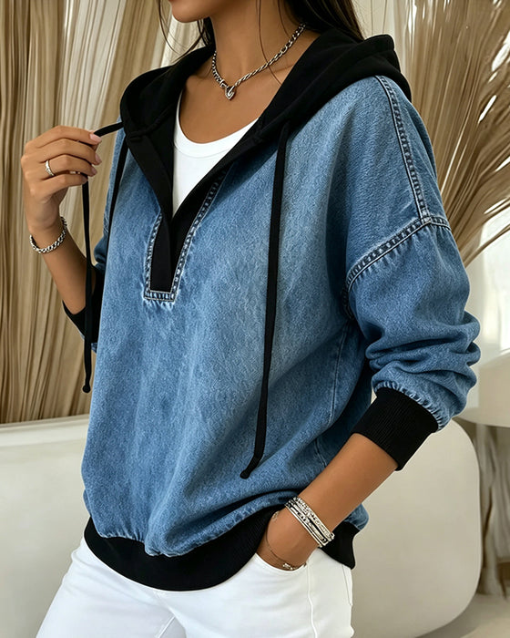 Hoodie Farveblok V-Hals Snorrestrop