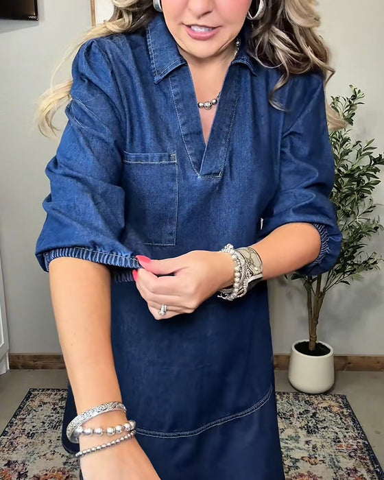 Denimkjole Med Krave Og Lanterneærmer