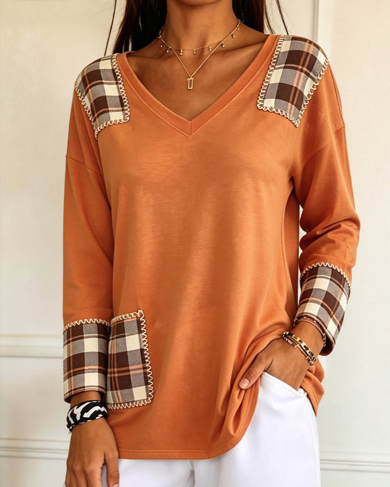 Top ternet Patchwork V-Hals Casual