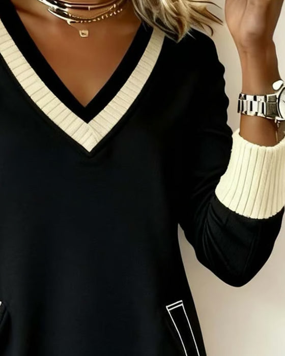 Kjole Langærmet V-Hals Kontrast Strik