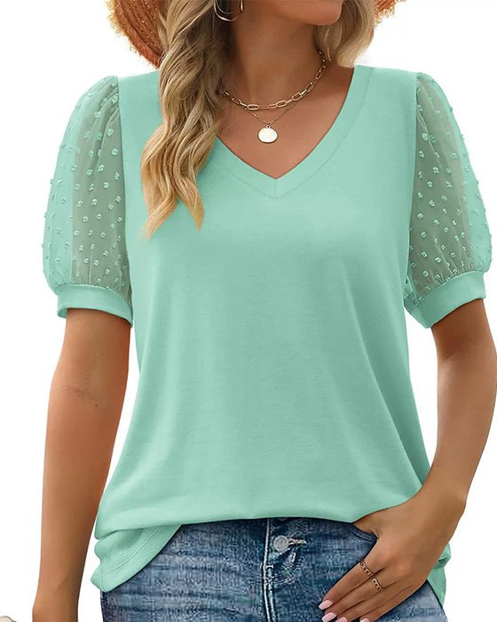 Bluse Ensfarvet Mesh Puffærme