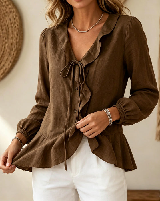 Bluse V-Hals Ruffle Slips Lang Ærme