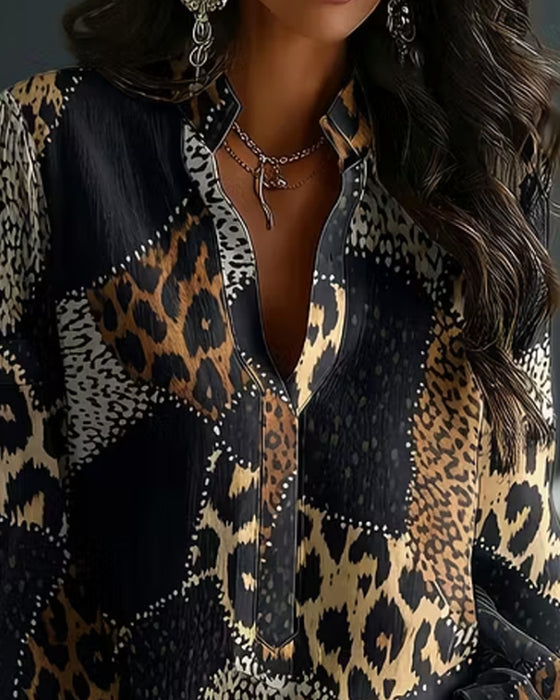 Bluse Mini Mandarin Krave Leopard Panel Afslappet