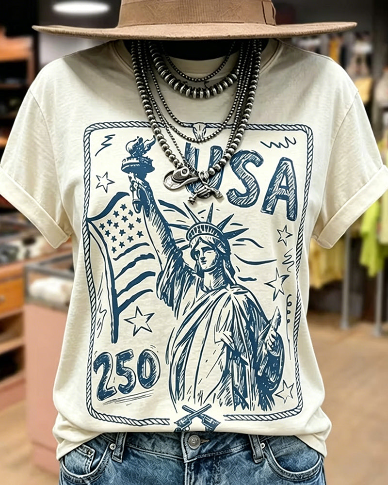 Retroprintet T-Shirt Med Korte Ærmer Og Løs Pasform