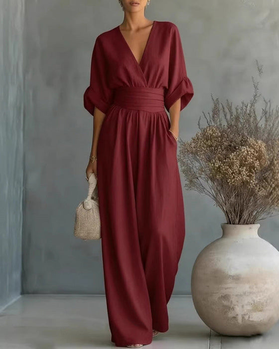 Jumpsuit V-Hals Kryds Taljeret Bred Ben
