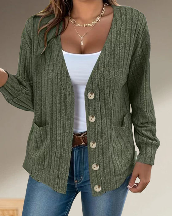 Ensfarvet V-halset langærmet cardigan