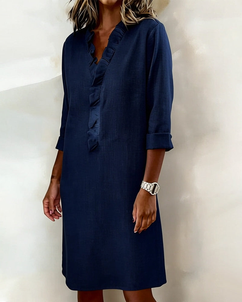 Kjole Rynket V-Hals Ensfarvet