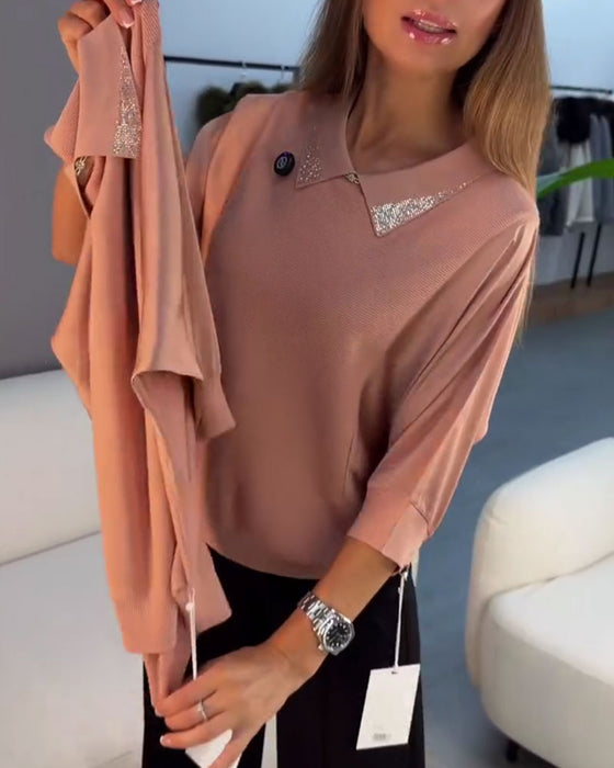 Pullover Revers Albuelang Ærme Strikket Elegant