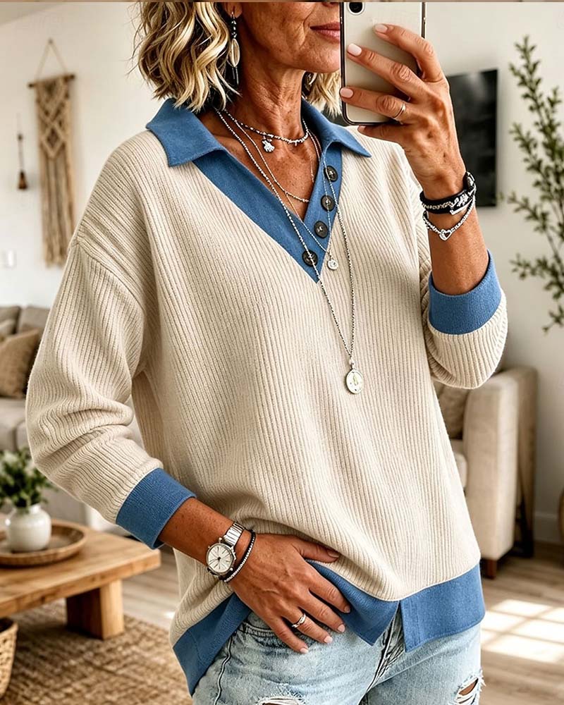 Top Farveblok V-Hals Casual