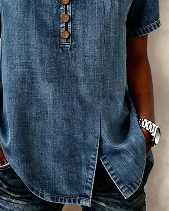 Bluse I Denim Med Slids V-Hals