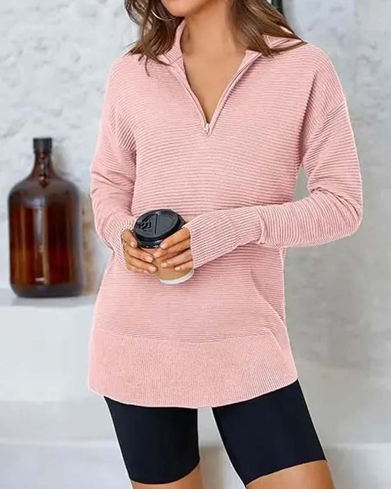 Stribet Langærmet Sweatshirt Med Krave Og Lynlås