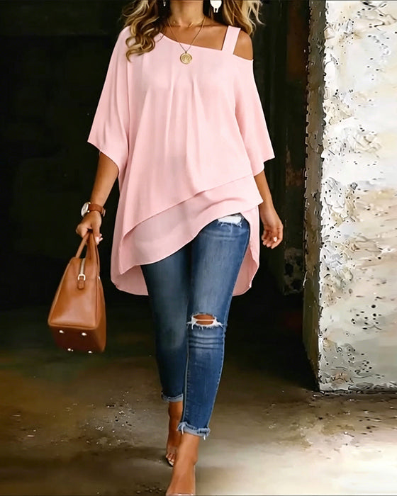 Bluse Asymmetrisk Cold Shoulder Ensfarvet Afslappet
