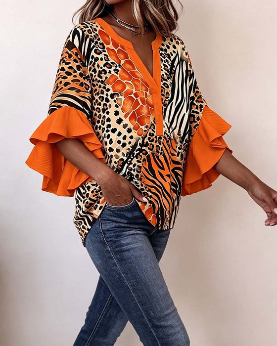 Bluse Zebra Leopard Tryk Ruffle Ærme