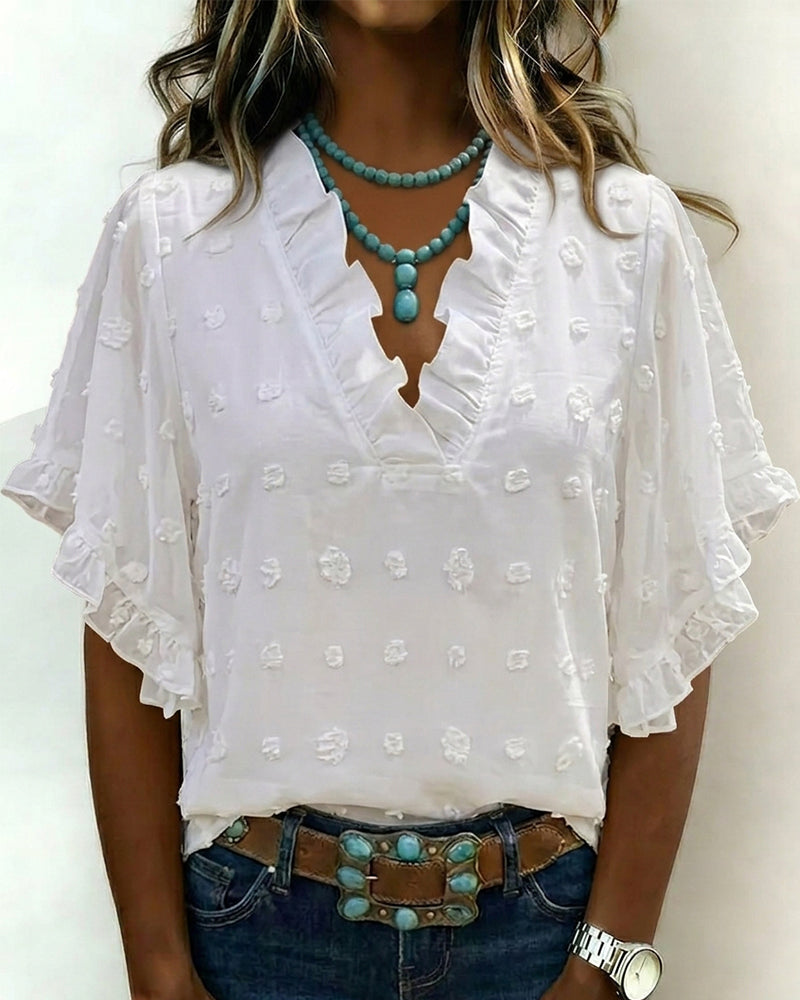 Blouse Jacquard V-Udskæring Flæse