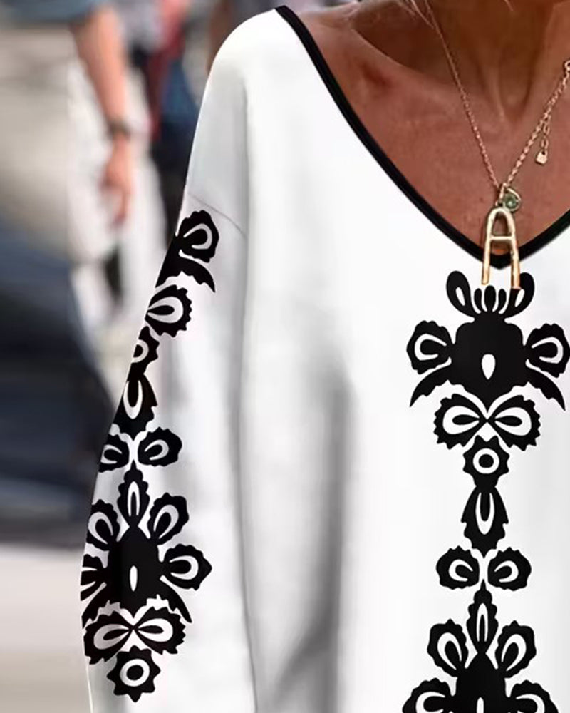 Farveblokeret V-hals Mønstret Langærmet Top