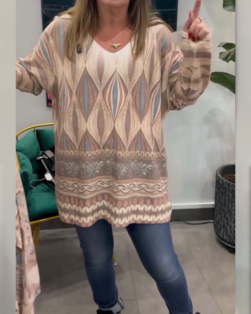 Topp Geometrisk Diamanttryk Langærmet V-Hals