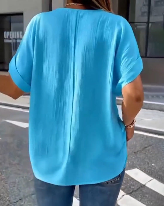 100% Bomuld T-Shirt V-Hals Løs Tekstureret